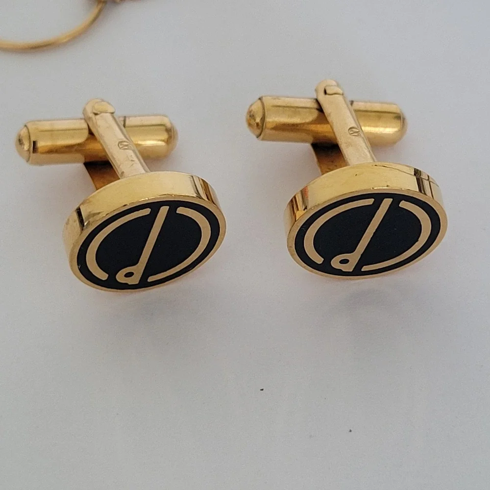 Dunhill Vintage Cufflinks and Tie Chain Set Gold Tone Black Enamel d Logo
